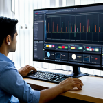 A professional-looking person in their late 20s, wearing modest, professional, yet comfortable attire, such as a neat collared shirt and professional trousers. They are sitting at a modern desk in a well-lit home office. In front of them, a large computer monitor displays a highly complex, multi-paneled video editing software interface, reminiscent of a "spaceship control panel" with numerous buttons, timelines, and graphs. The person is looking intently at the screen, one hand near the mouse, conveying a sense of concentration mixed with slight bewilderment, suggesting the challenge of a steep learning curve. perfect anatomy, correct proportions, natural pose, well-formed hands, proper finger count, natural body proportions, high-resolution, professional photography, clear details, sharp focus, safe for work, appropriate content, fully clothed, modest clothing, professional, family-friendly.