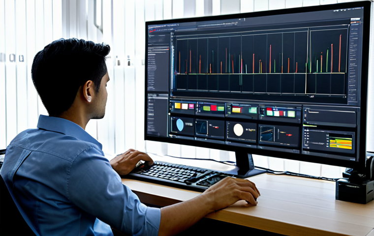 A professional-looking person in their late 20s, wearing modest, professional, yet comfortable attire, such as a neat collared shirt and professional trousers. They are sitting at a modern desk in a well-lit home office. In front of them, a large computer monitor displays a highly complex, multi-paneled video editing software interface, reminiscent of a "spaceship control panel" with numerous buttons, timelines, and graphs. The person is looking intently at the screen, one hand near the mouse, conveying a sense of concentration mixed with slight bewilderment, suggesting the challenge of a steep learning curve. perfect anatomy, correct proportions, natural pose, well-formed hands, proper finger count, natural body proportions, high-resolution, professional photography, clear details, sharp focus, safe for work, appropriate content, fully clothed, modest clothing, professional, family-friendly.
