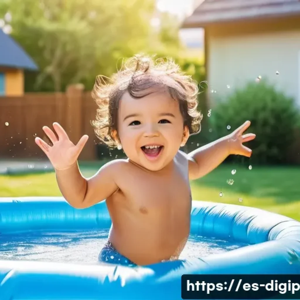 디지털 아트 만들기를 위한 도구 활용 방법 - **A toddler (wearing a diaper)** is gleefully splashing in a shallow inflatable pool in a backyard o...