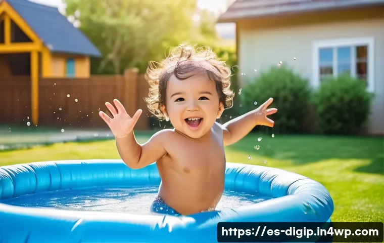 디지털 아트 만들기를 위한 도구 활용 방법 - **A toddler (wearing a diaper)** is gleefully splashing in a shallow inflatable pool in a backyard o...