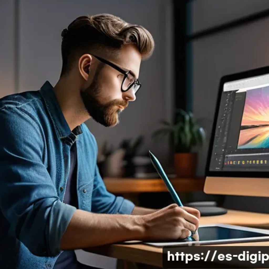 디지털 아트워크와 관련된 도구의 진화 - A professional digital artist using a high-end Wacom Intuos Pro graphic tablet, focusing intently on...