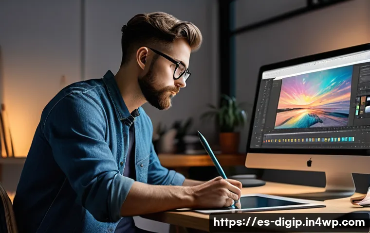 디지털 아트워크와 관련된 도구의 진화 - A professional digital artist using a high-end Wacom Intuos Pro graphic tablet, focusing intently on...