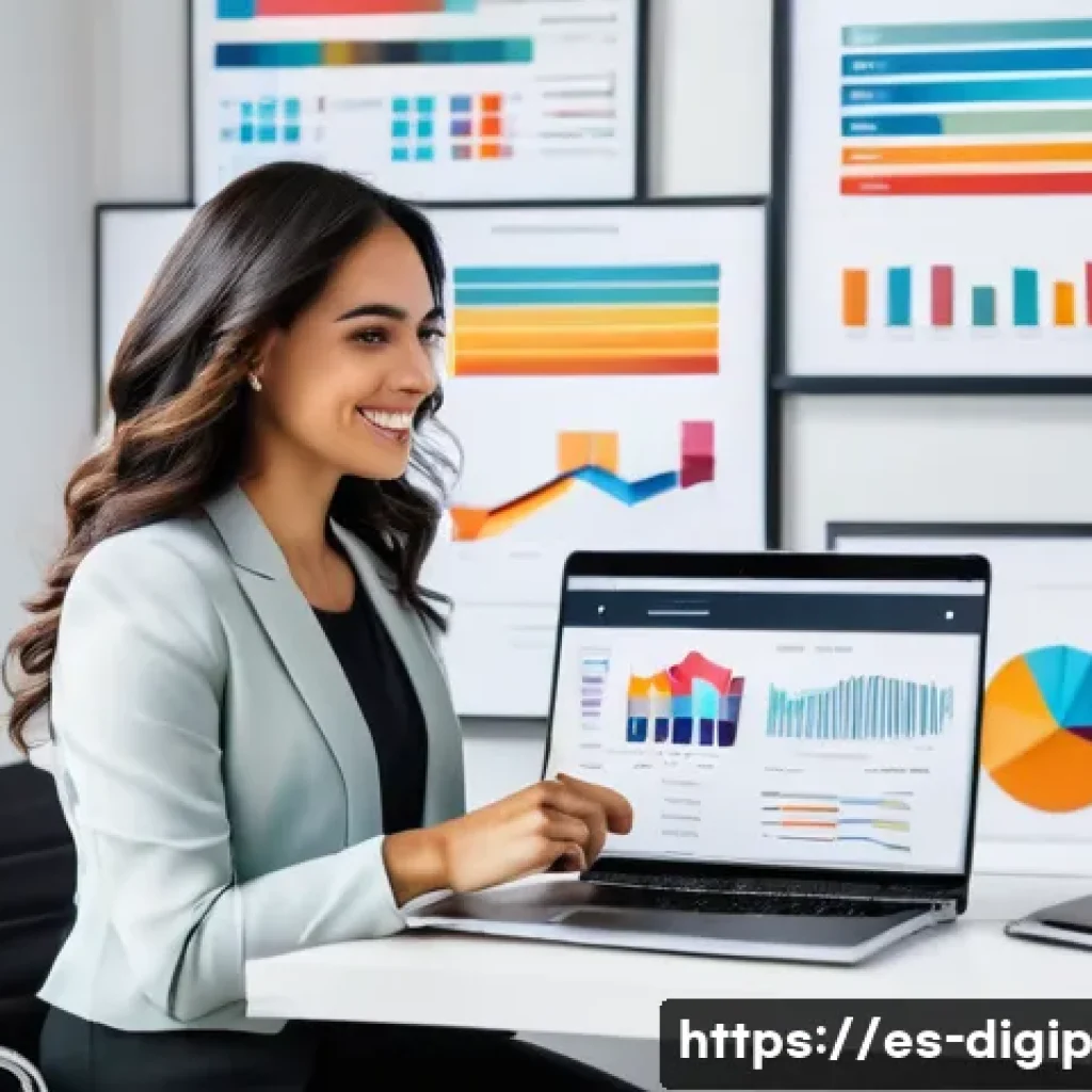 디지털 도구를 이용한 개인 브랜드 구축 방법 - A professional Hispanic woman in her 30s confidently managing multiple social media platforms on a s...