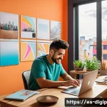 Home 22 최고의 무료 디자인 도구 목록 - A vibrant digital workspace showcasing a young Hispanic graphic designer working on a laptop in a co...