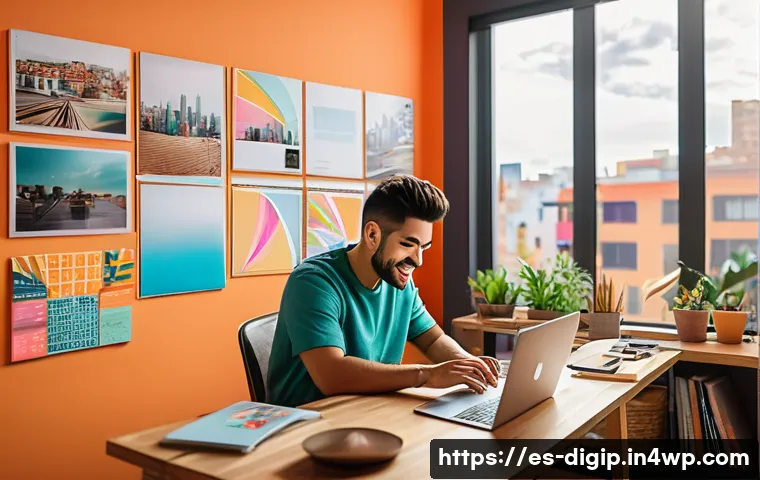 최고의 무료 디자인 도구 목록 - A vibrant digital workspace showcasing a young Hispanic graphic designer working on a laptop in a co...