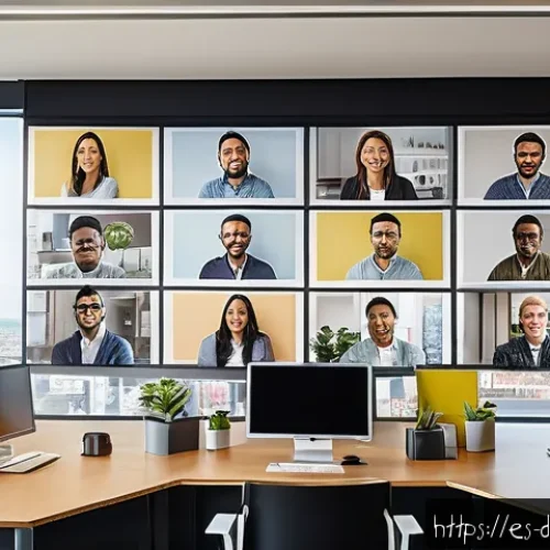 Home 33 사용자 경험 개선을 위한 도구 활용법 - A sleek, modern digital workspace showing a diverse team collaborating remotely via video calls and ...