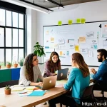 Home 20 창의적 프로세스를 촉진하는 도구 활용법 - A modern creative workspace in a bright, sunlit room featuring a diverse team of young professionals...