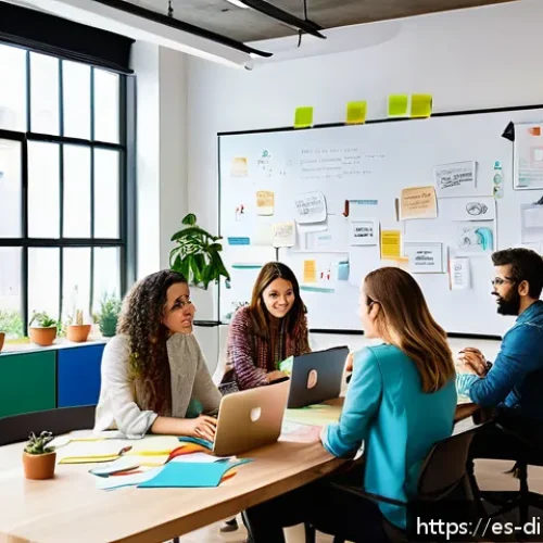 Home 32 창의적 프로세스를 촉진하는 도구 활용법 - A modern creative workspace in a bright, sunlit room featuring a diverse team of young professionals...