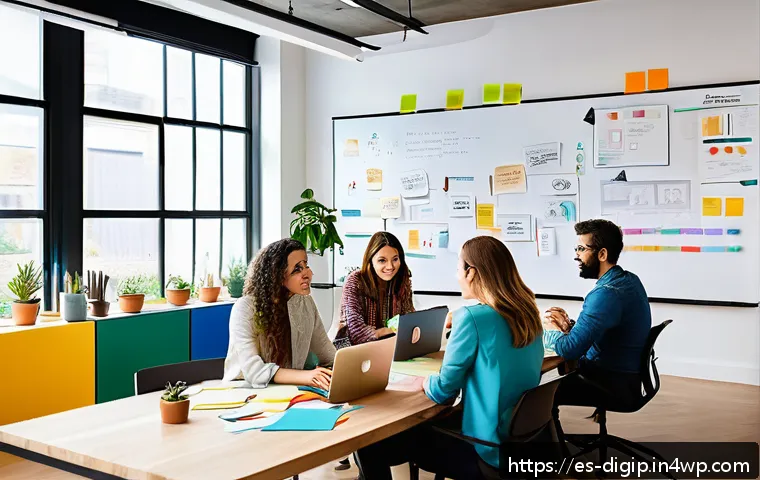 창의적 프로세스를 촉진하는 도구 활용법 - A modern creative workspace in a bright, sunlit room featuring a diverse team of young professionals...